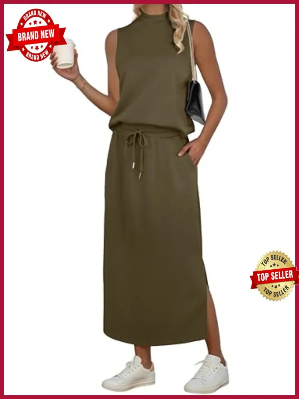 Women's 2-Piece Skirt Set Sleeveless Mock Neck Crop Top Split Maxi Skirt with